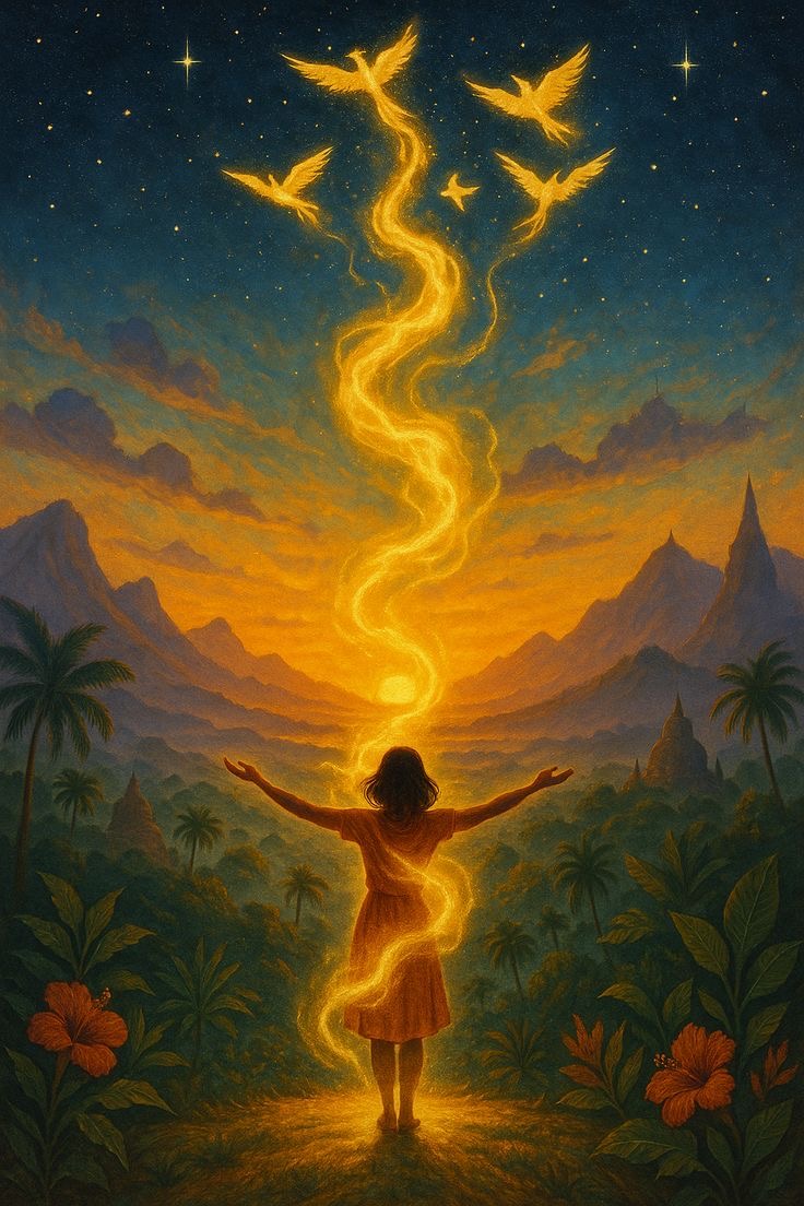 Une jeune fille se tenant les bras ouverts, entourée de flambeaux scintillants représentant des oiseaux en vol, devant un paysage de montagnes et de palmiers au crépuscule.