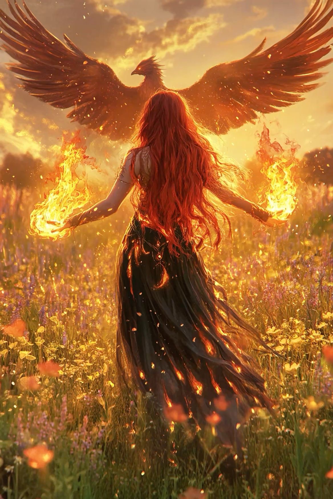 Une jeune femme avec des cheveux roux ardents, debout dans un champ fleuri, tenant des flammes dans ses mains, avec un phoenix majestueux s'élevant derrière elle au coucher du soleil.