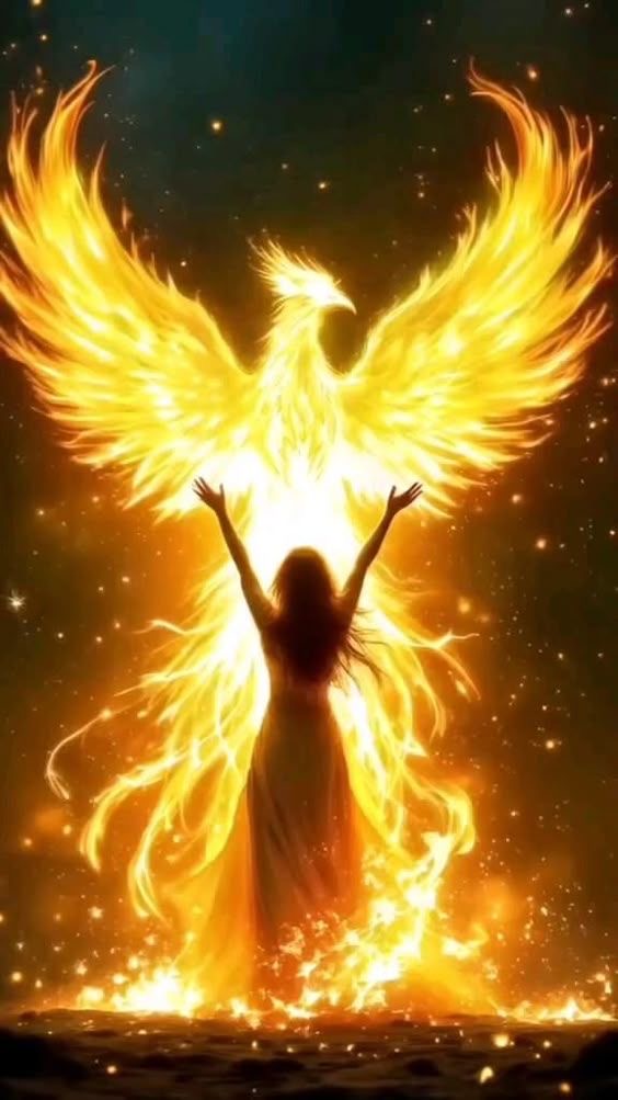 Une silhouette féminine se tenant sous une représentation flamboyante d'un phénix, entourée de flammes et d'étincelles brillantes.