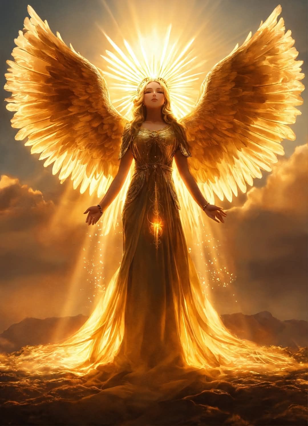 Une femme avec de grandes ailes dorées se tient en posture majestueuse, entourée de lumière éclatante, dans un paysage céleste.
